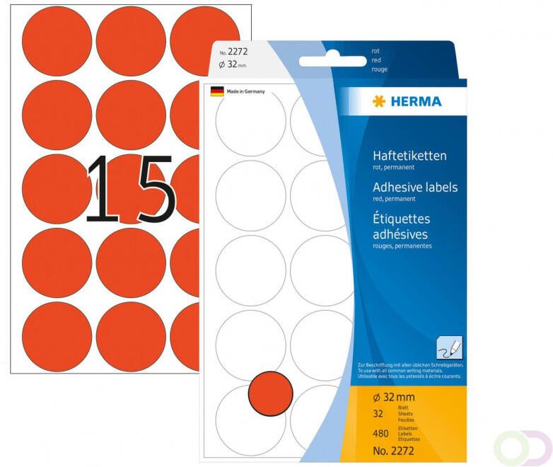 Herma Multipurpose-etiketten Ã 32 mm rond rood permanent hechtend om met de hand t